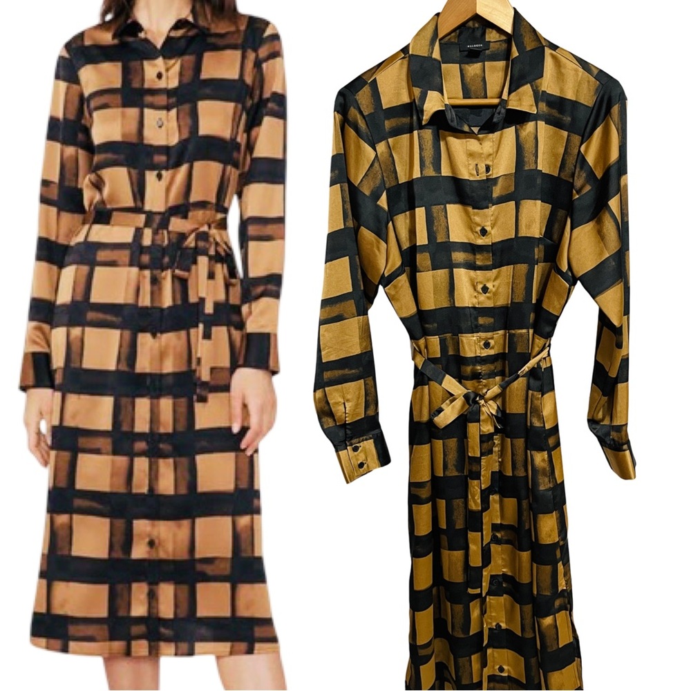 Halogen Plaid Shirt Dress Size Large Long Sleeve Satin Black Brown Desert Camel